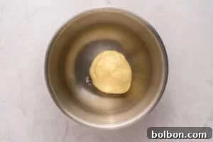 Churning Your Own Golden Butter 8 A ball of smooth dough sits in the center of a large, empty stainless steel mixing bowl on a light marble surface.