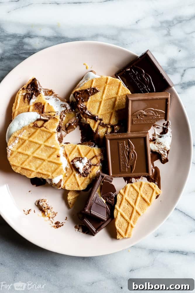 Assortment of s'mores ingredients and a finished s'more on a wooden board