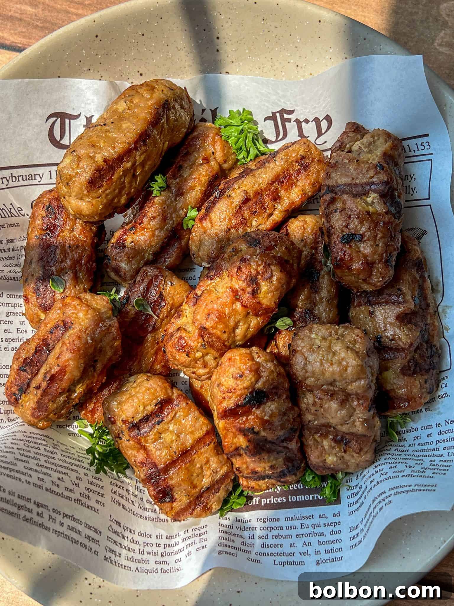 Grilled turkey cevapi sausages, garnished with fresh parsley, served on newspaper-style paper.