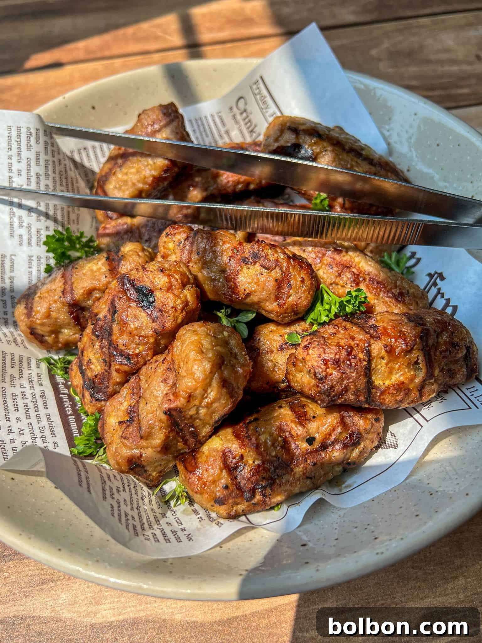 A plate of grilled meat sausages, or Turkey Cevapi, garnished with parsley, served on newspaper-style paper, with metal tongs resting on top. Sunlight shines onto the dish, highlighting the texture of the sausages.