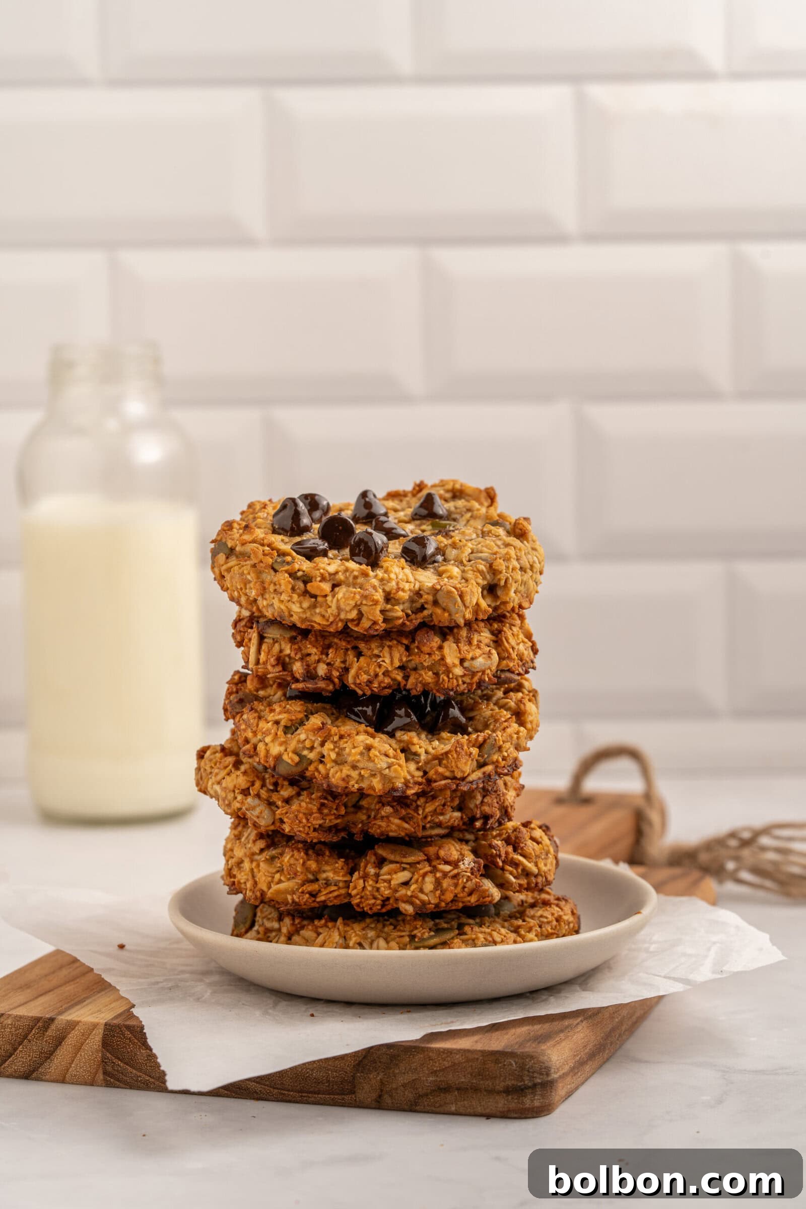 A stack of chocolate chip cookies sits on a white plate, with a bottle of milk in the background. The scene is set against a white tiled wall on a light countertop.