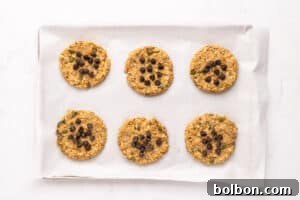 Six round oatmeal cookies are arranged in two rows on a parchment-lined baking sheet. Some cookies are topped with chocolate chips, while others have seeds. The background is a white, marble-like surface.