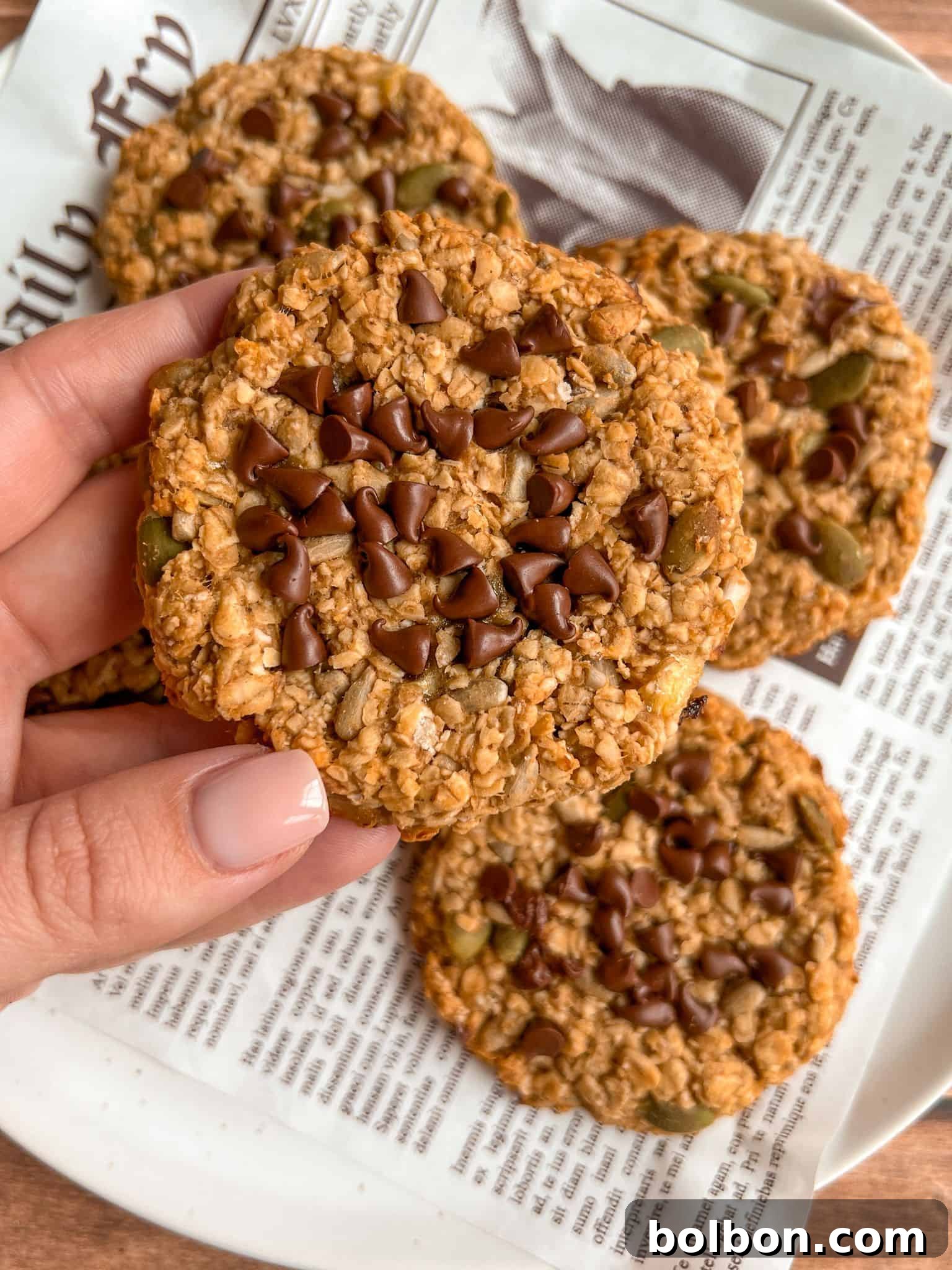 A hand holding an oatmeal cookie topped with chocolate chips and seeds, with more cookies on a plate lined with newspaper-style paper in the background.