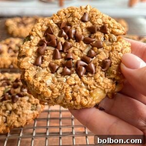 A hand holds an oatmeal cookie topped with chocolate chips over a cooling rack with more similar cookies. Additional baked goods are blurred in the background.