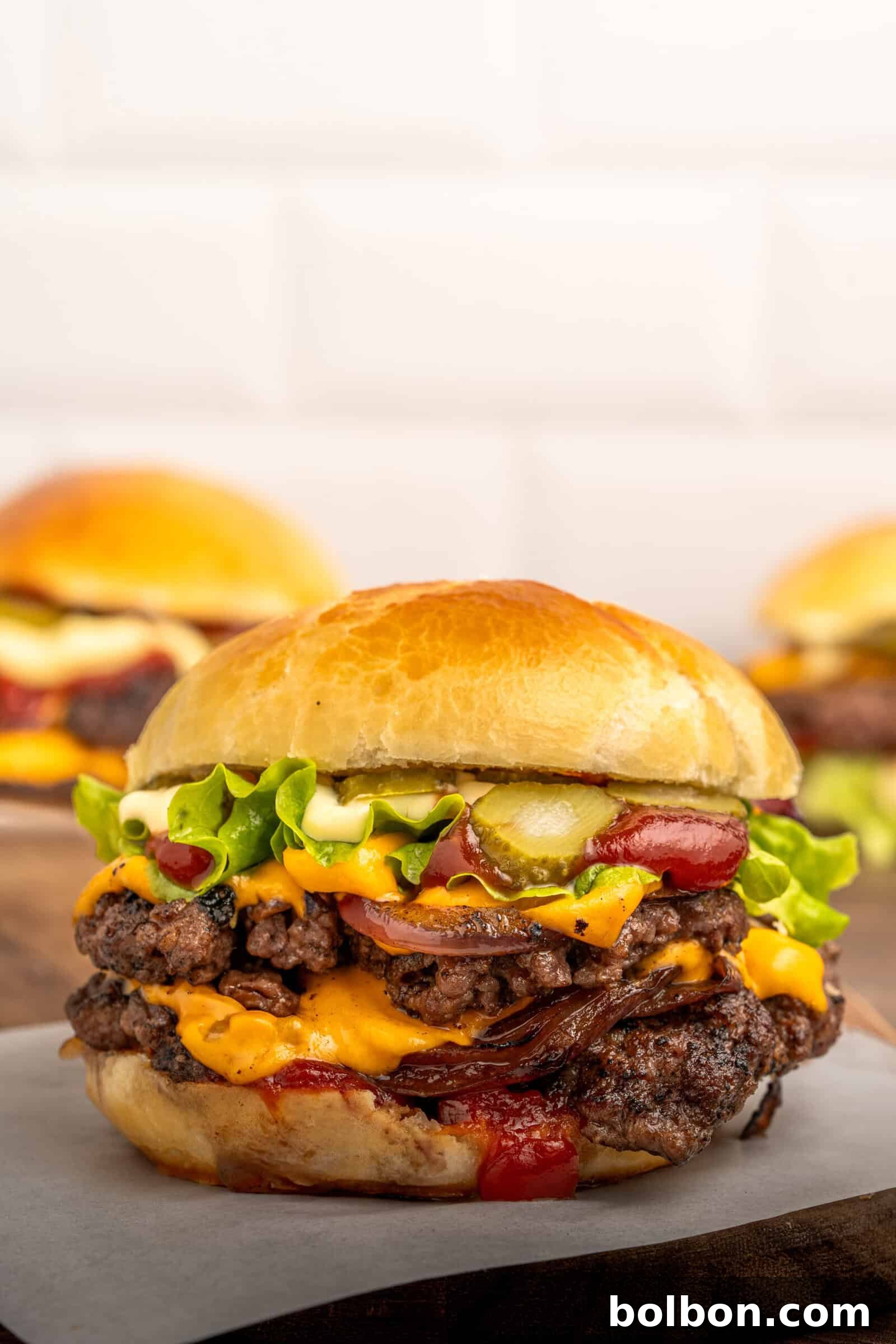 A close-up of a cheeseburger with two beef patties, melted cheddar cheese, lettuce, pickles, onions, ketchup, and mayonnaise in a shiny brioche bun. Two more burgers are blurred in the background.