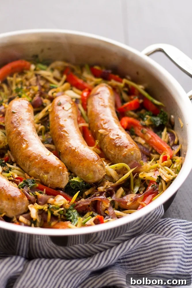 This One Pot Paleo Sausage and Slaw Skillet the perfect weekend dinner! A little shortcut makes it super quick and easy, plus it is paleo, whole 30, gluten free and low carb.