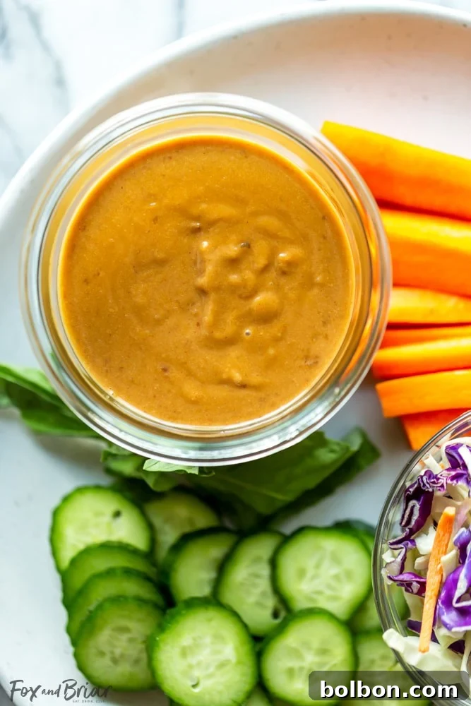A final inviting close-up of a serving bowl filled with the rich, creamy, and flavorful Thai Peanut Sauce, perfectly garnished and ready to enhance any meal.