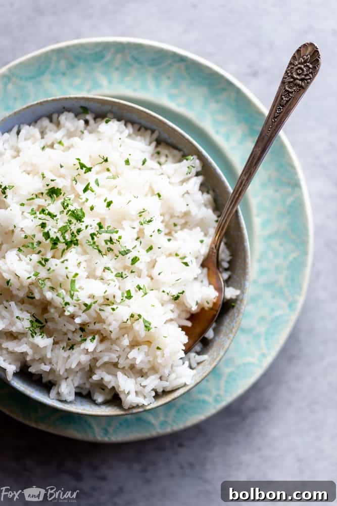 This easy coconut rice makes the perfect side dish for stir fries, curries and more! | Jasmine coconut rice | Coconut Rice recipe | Thai Coconut Rice | Side dish