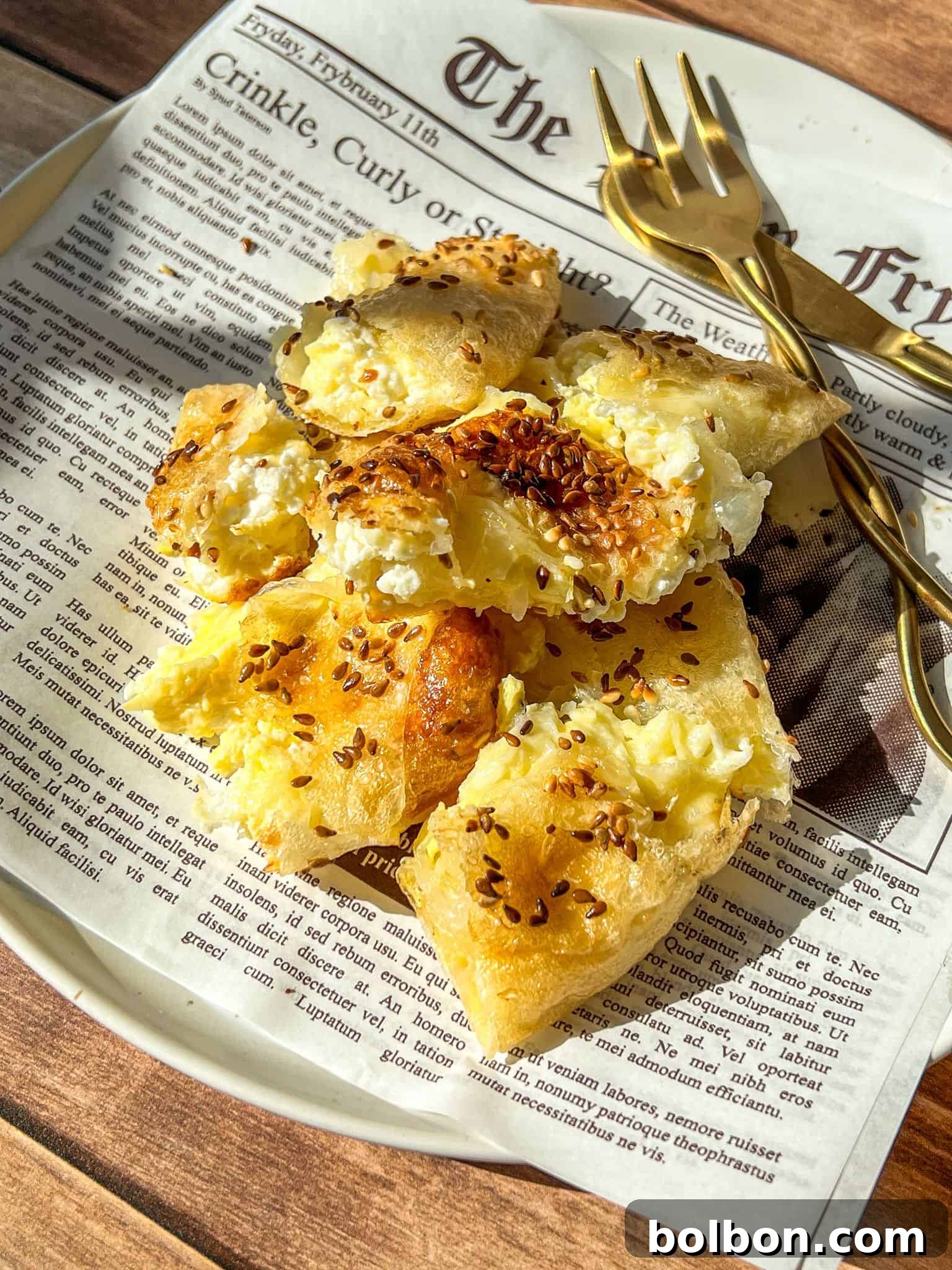 Crispy Rice Paper Burek 2 Golden, flaky bread topped with sesame seeds and cheese sits on a newspaper-lined plate with two gold forks, illuminated by warm sunlight.