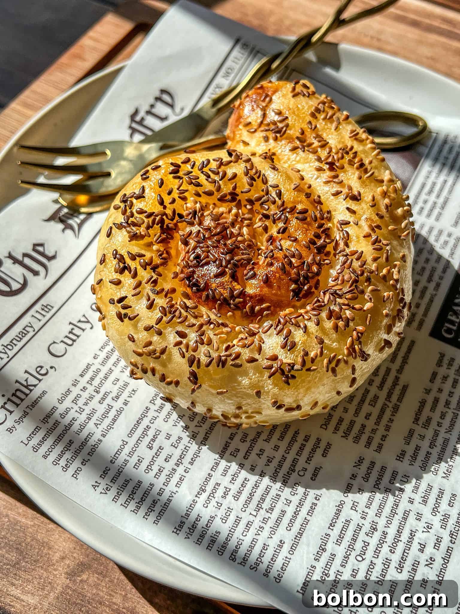 Crispy Rice Paper Burek 3 A golden, spiral-shaped pastry topped with flax seeds sits on a white plate lined with newspaper print, next to a gold fork and knife, in bright natural sunlight.