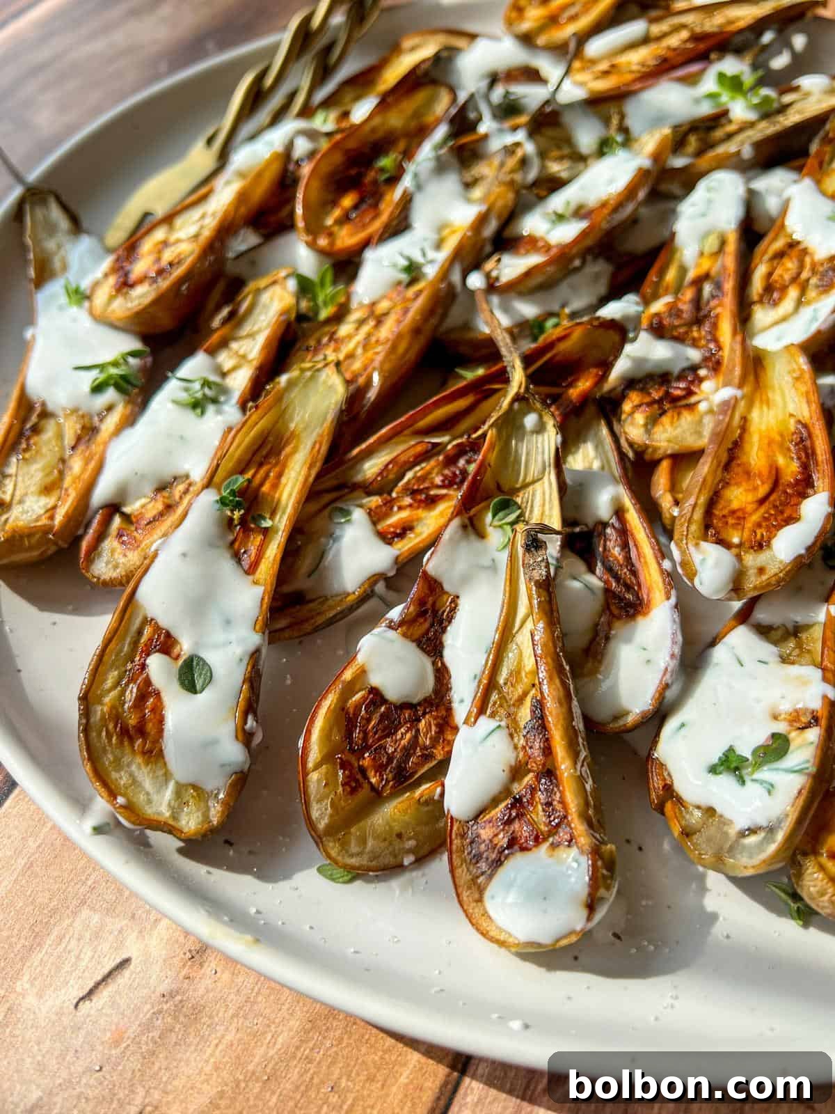 A plate of roasted baby eggplant halves topped with a drizzle of creamy white sauce and garnished with fresh green herbs, set on a wooden surface in natural sunlight.