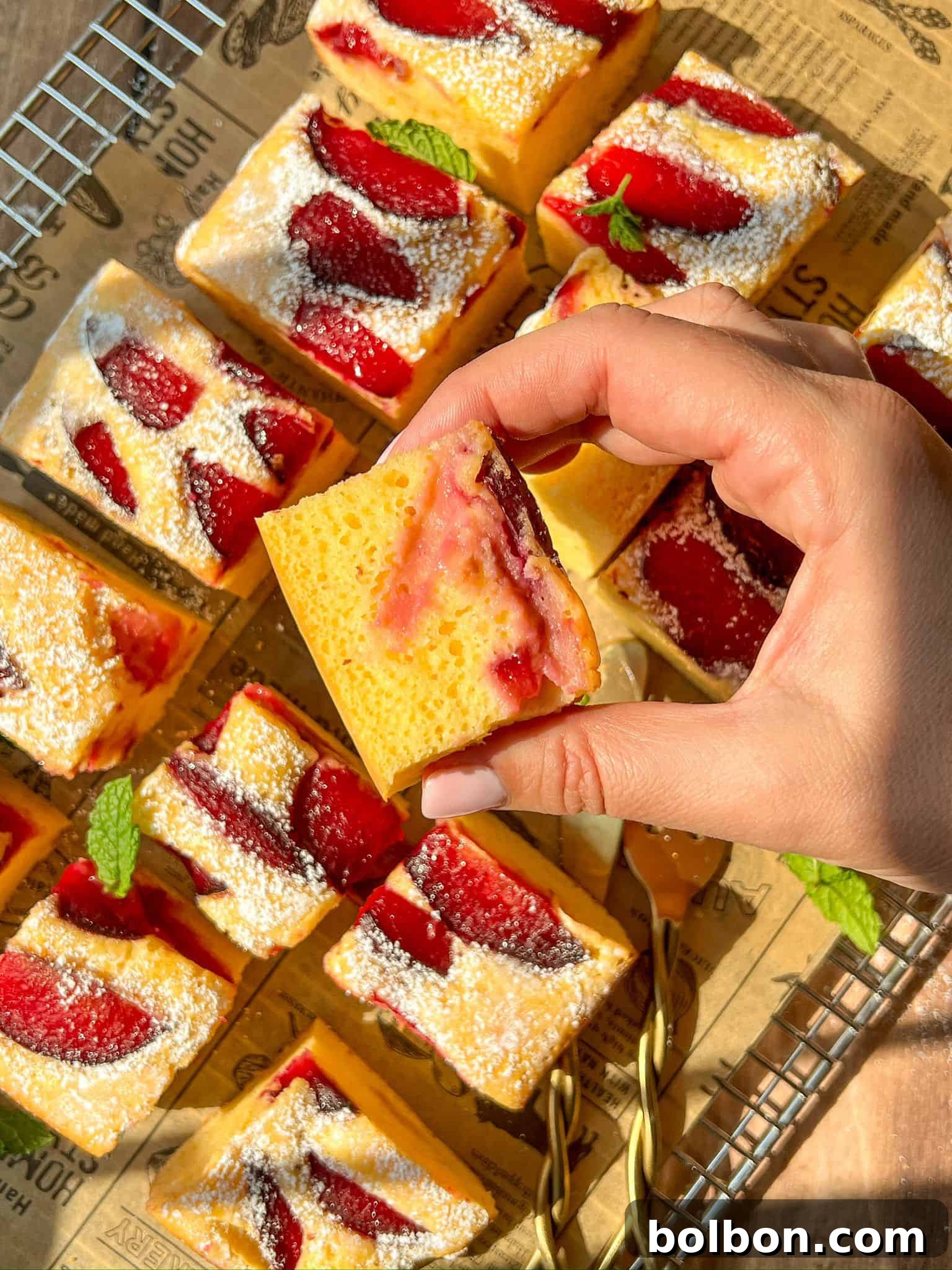 A hand holds a piece of yellow sponge cake with red plum slices and powdered sugar, with more cake squares arranged on a cooling rack lined with paper underneath.