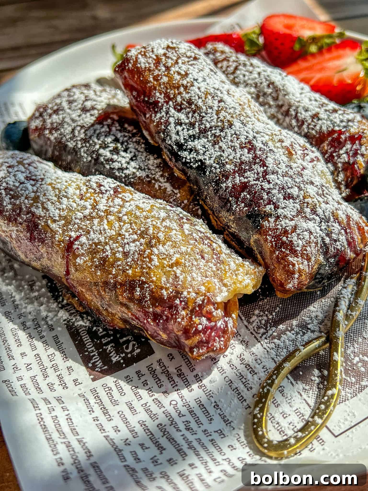 Crispy Rice Paper Hand Pies 2 Four rice paper pop tarts rest on a newspaper-lined plate, with sliced strawberries and a gold fork beside them. Sunlight highlights the flaky texture and golden-brown color of the pastries.