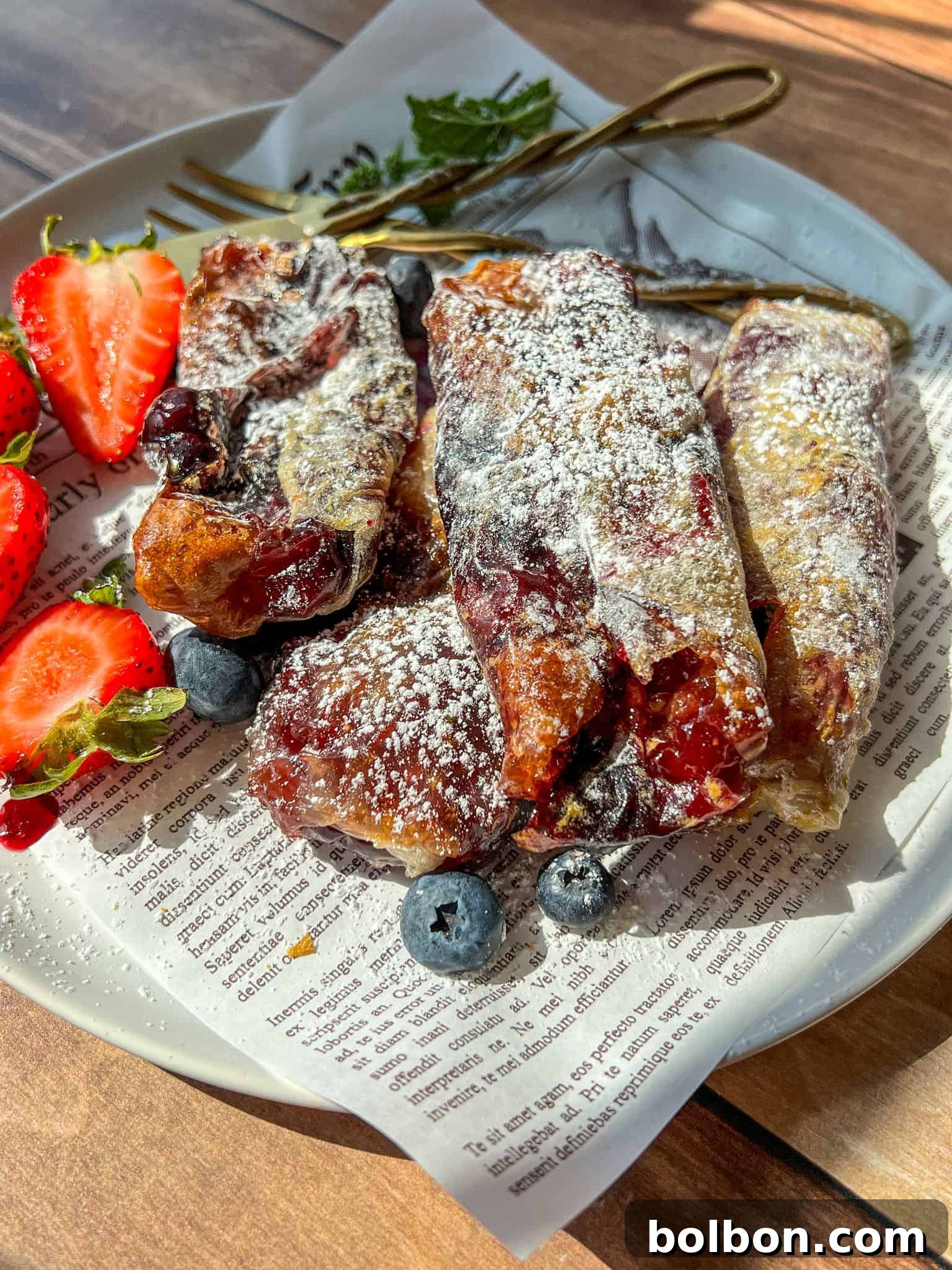 Crispy Rice Paper Hand Pies 3 A plate with powdered sugar-dusted pastries, fresh strawberries, and blueberries, served on a piece of printed paper with gold forks beside the food. Sunlight highlights parts of the food and plate.