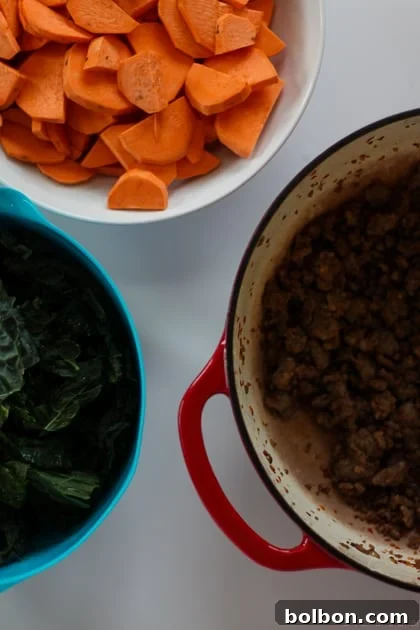 Easy 4-ingredient Sausage, Kale, and Sweet Potato Stew