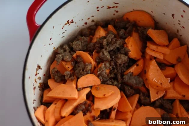 Easy 4-ingredient Sausage, Kale, and Sweet Potato Stew