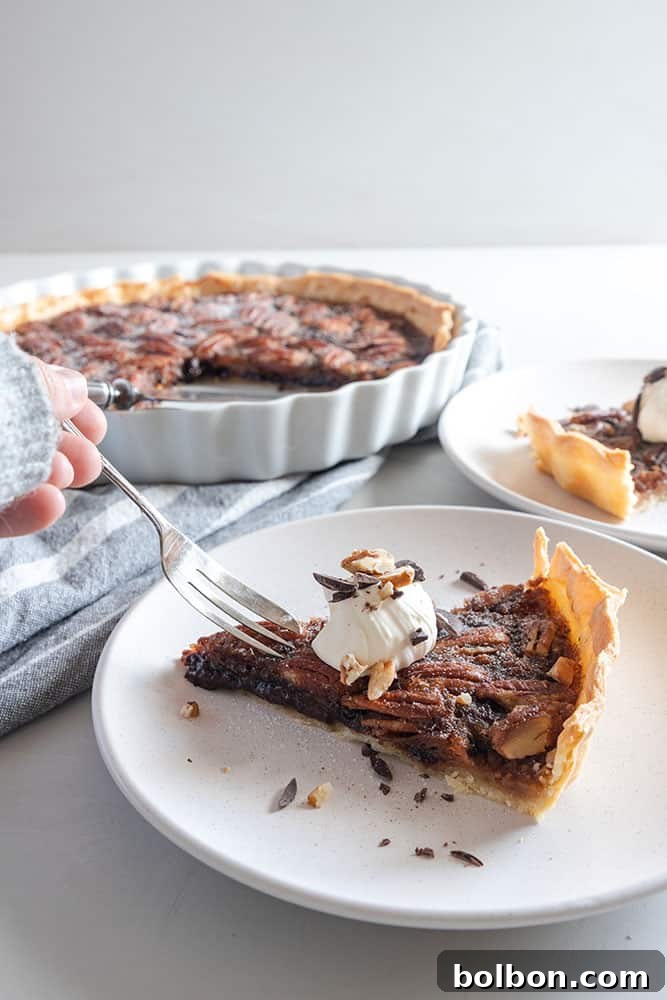 Baked Chocolate Pecan Pie cooling on a wire rack