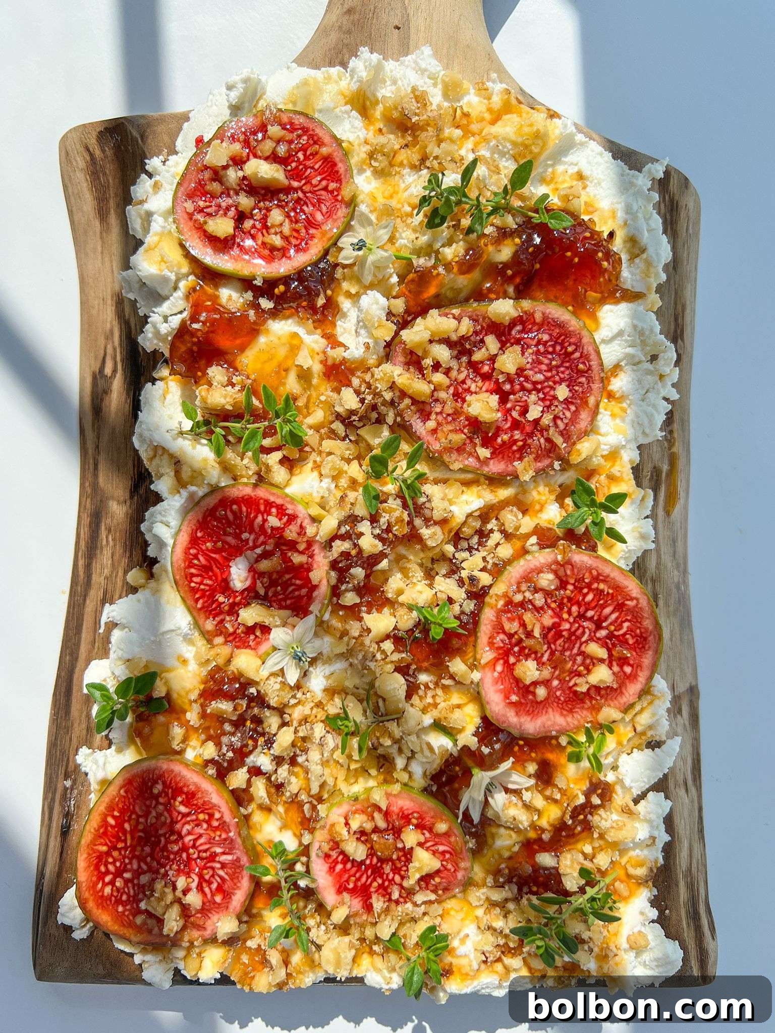 Goat Cheese Board Goals 2 An overhead shot of a beautifully arranged goat cheese board with fresh figs, walnuts, and hot honey, ready to be served.