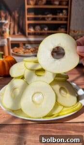 A hand holds a thin, round slice of green apple with a hole in the center above a plate stacked with similar apple slices—perfect for layering in an Invisible Pear Cake; a pumpkin and baked goods sit blurred in the background.