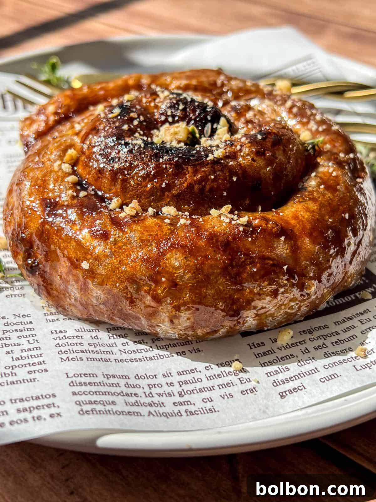 Golden Rice Paper Apple Delights 2 A close-up of a glossy, golden-brown cinnamon roll sprinkled with crushed nuts, served on a plate lined with newspaper-style parchment and two gold forks resting in the background.