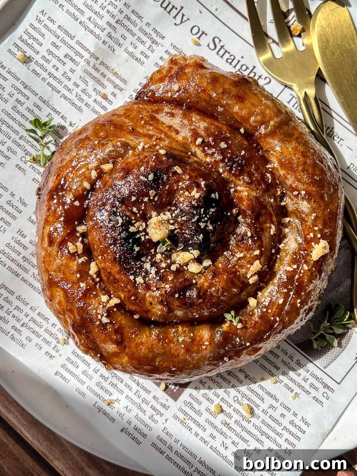 Golden Rice Paper Apple Delights 3 A golden-brown pastry roll topped with crumbs and herbs sits on a plate lined with newspaper print, next to a gold fork and knife. Sunlight casts soft shadows over the scene.