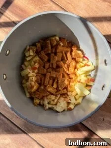 Golden Rice Paper Apple Delights 4 A pot containing chopped apples topped with ground cinnamon, sitting on a wooden surface with sunlight casting shadows across the scene.