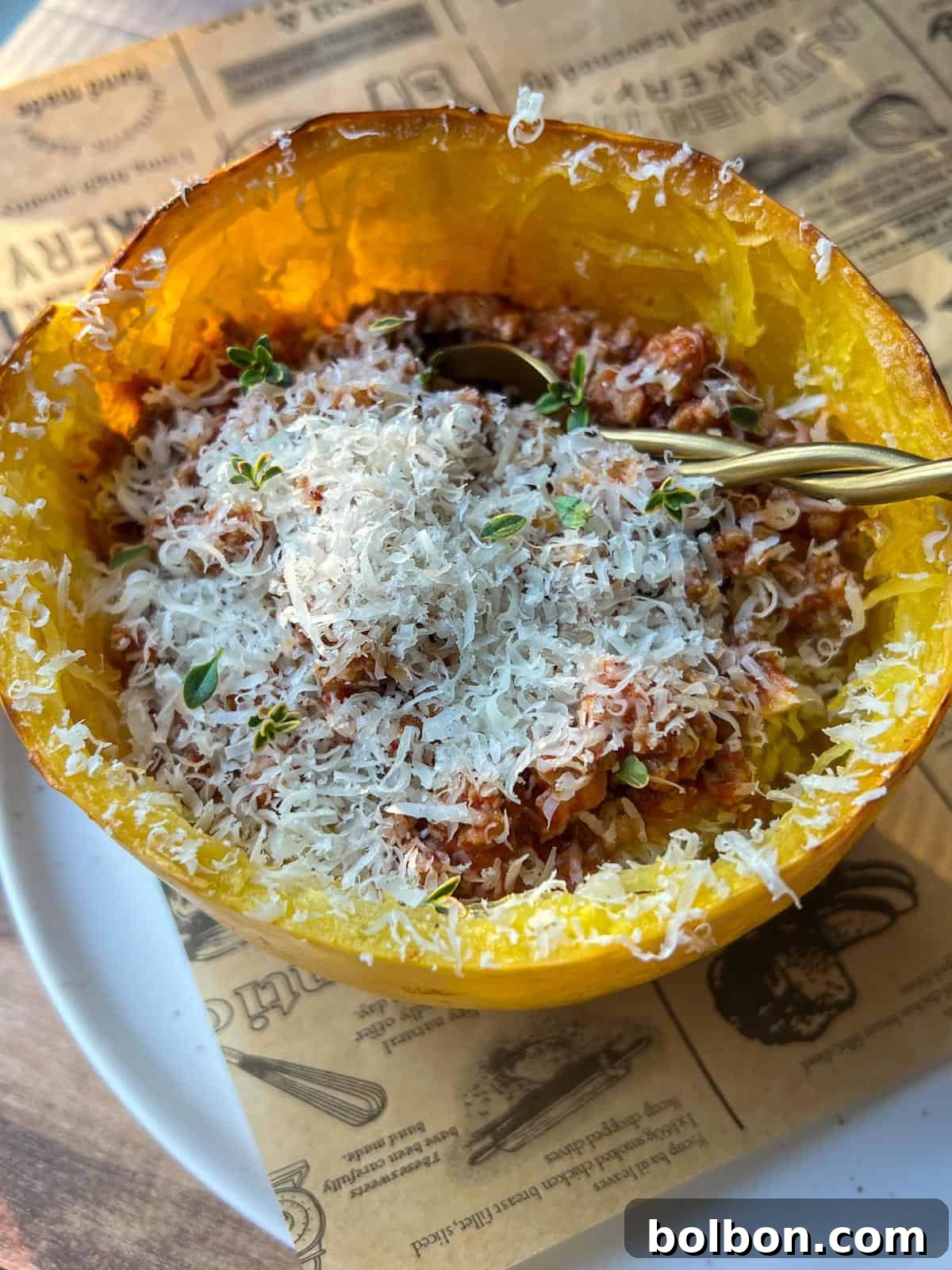 A halved spaghetti squash used as a bowl, filled with a tomato-based sauce, topped with grated Parmesan cheese and fresh herbs, with a golden spoon inside. The dish sits on a plate with parchment paper underneath.