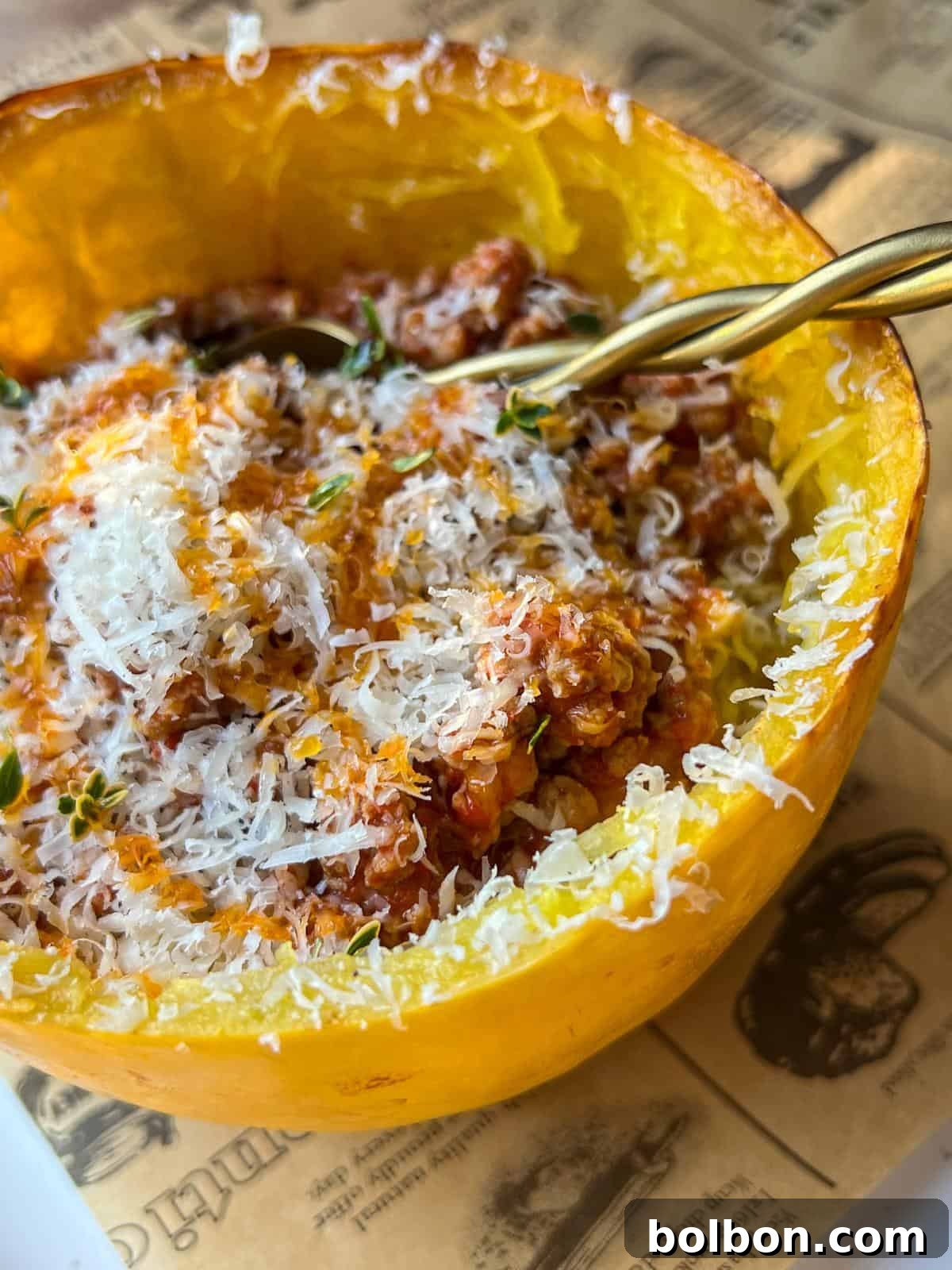 A close-up of spaghetti squash used as a bowl, filled with a tomato-based meat sauce and topped with grated cheese and herbs, with a fork resting inside. The dish sits on a newspaper-print surface.