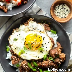 Quick Korean Beef Bowls 5 Finished Korean Ground Beef Bowl with an egg on top.