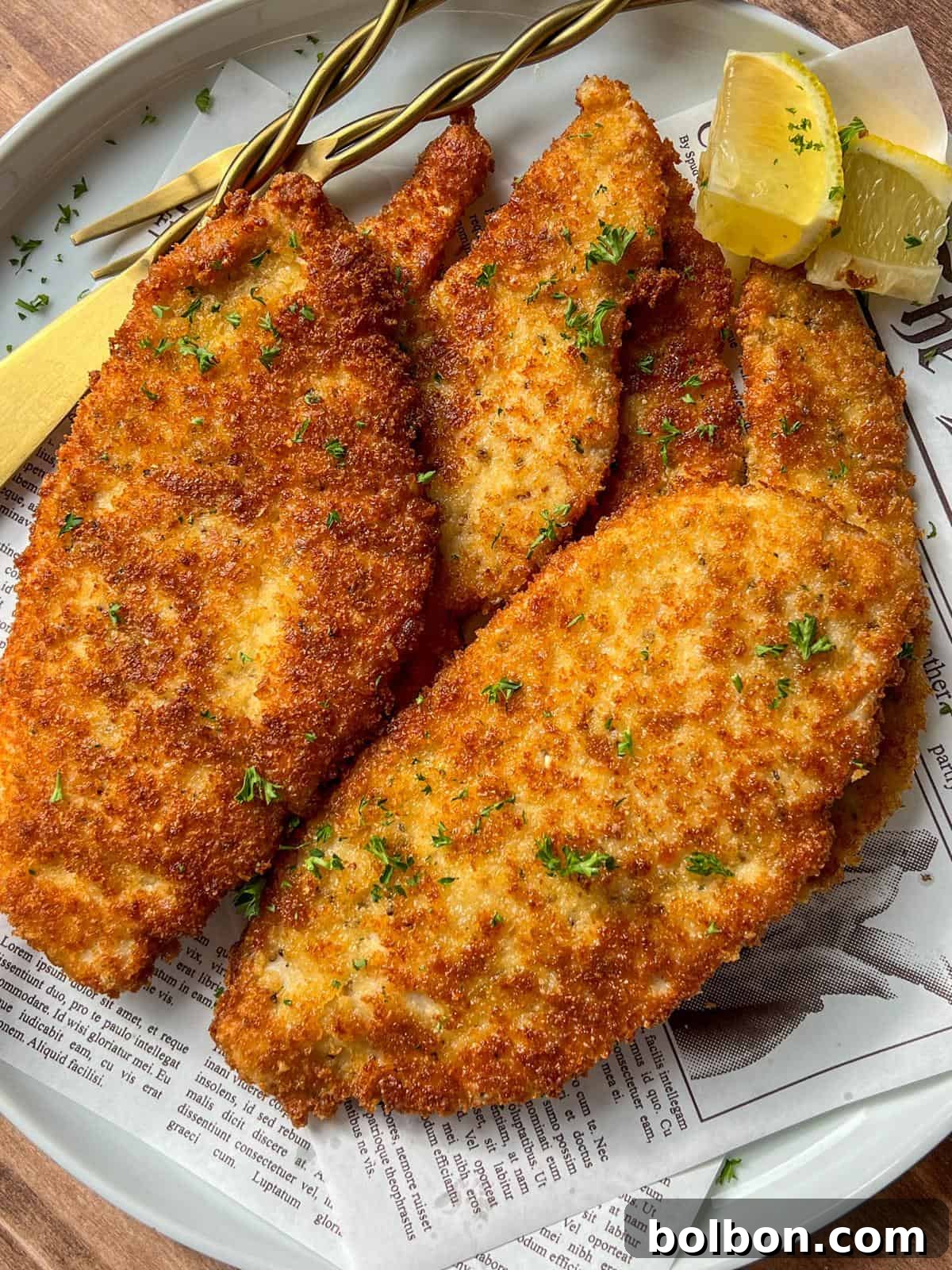 Mama's Italian Chicken Cutlets 2 Golden, crispy breaded cutlets garnished with chopped parsley are arranged on a plate lined with newspaper print. Lemon wedges and a wooden-handled fork are placed on the side.