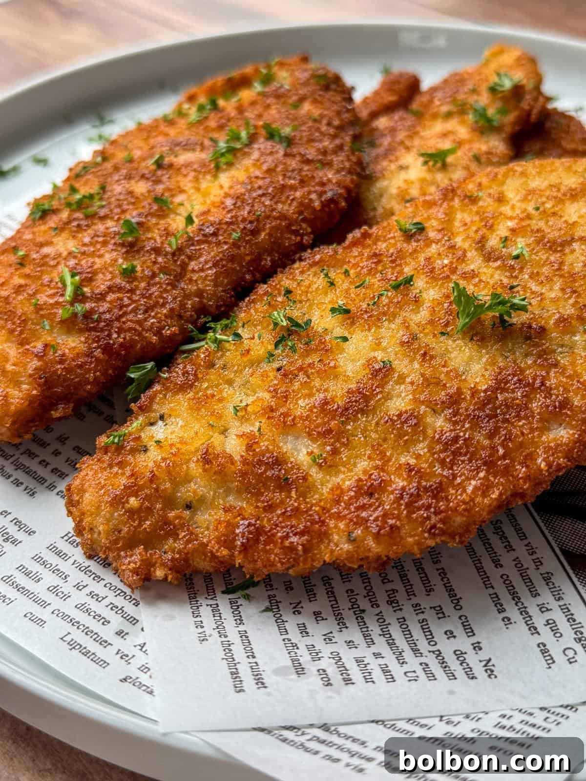 Mama's Italian Chicken Cutlets 4 Two golden-brown breaded chicken cutlets garnished with chopped parsley, served on a plate lined with decorative newspaper-style parchment paper.