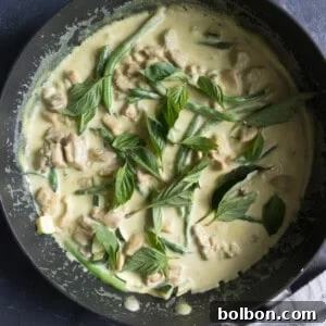 Thai Green Chicken Curry, served with fresh basil and lime