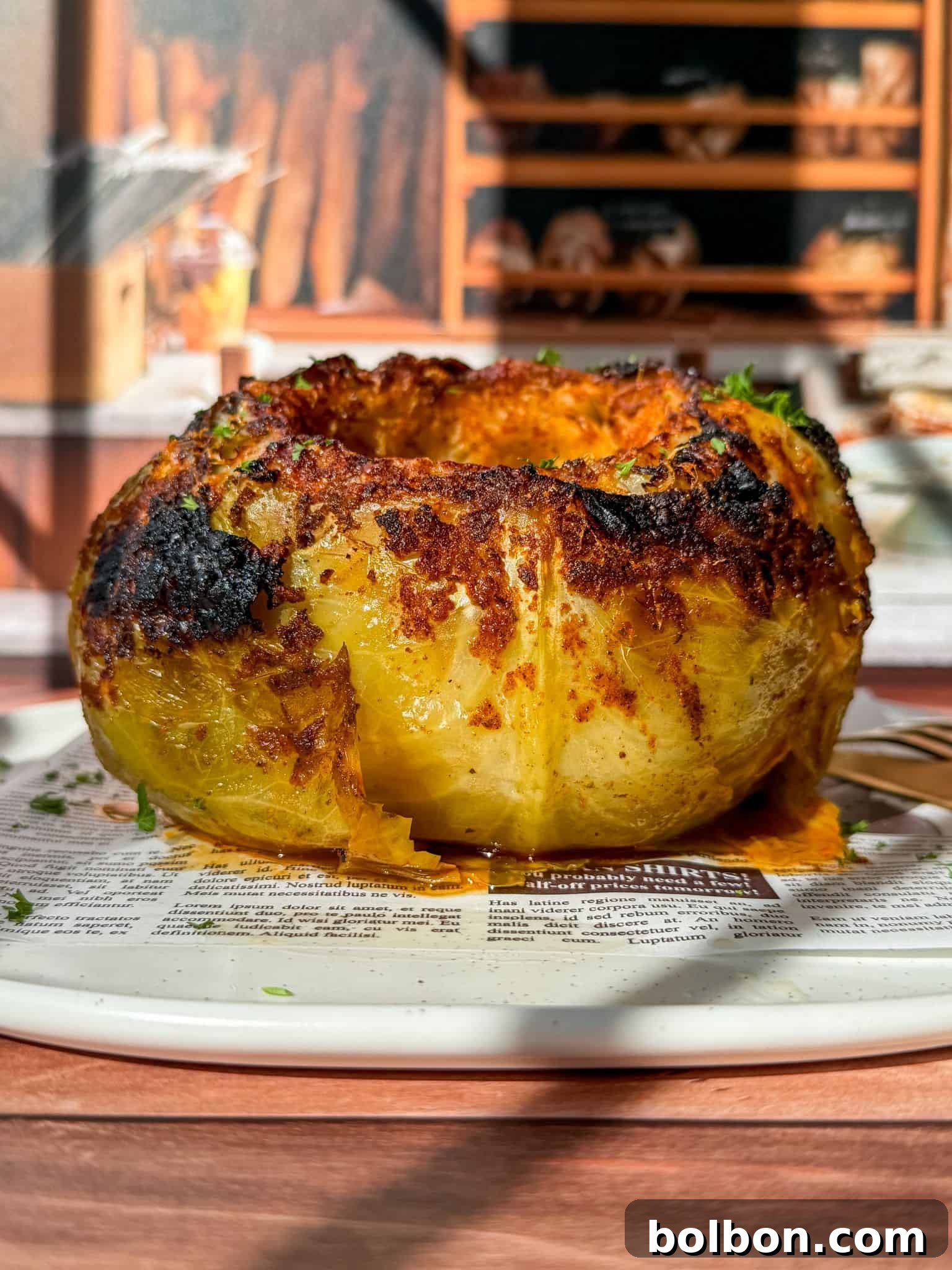 A close-up of a roasted yellow squash with a crispy, charred exterior sits on a white plate lined with newspaper, with a bakery display blurred in the background.