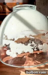 Protein Packed Pancake Bites 7 A glass KitchenAid mixing bowl with white powdery residue stuck to its inside, sitting on a wooden surface in bright sunlight. Measurement markings are visible on the bowl.