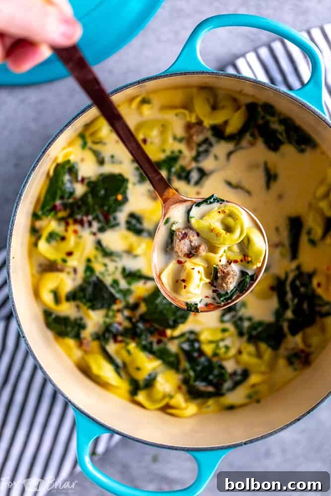 Effortless Creamy Sausage Tortellini Soup 3 Close-up shot of the rich, creamy broth filled with savory Italian sausage, wilted kale, and plump tortellini.