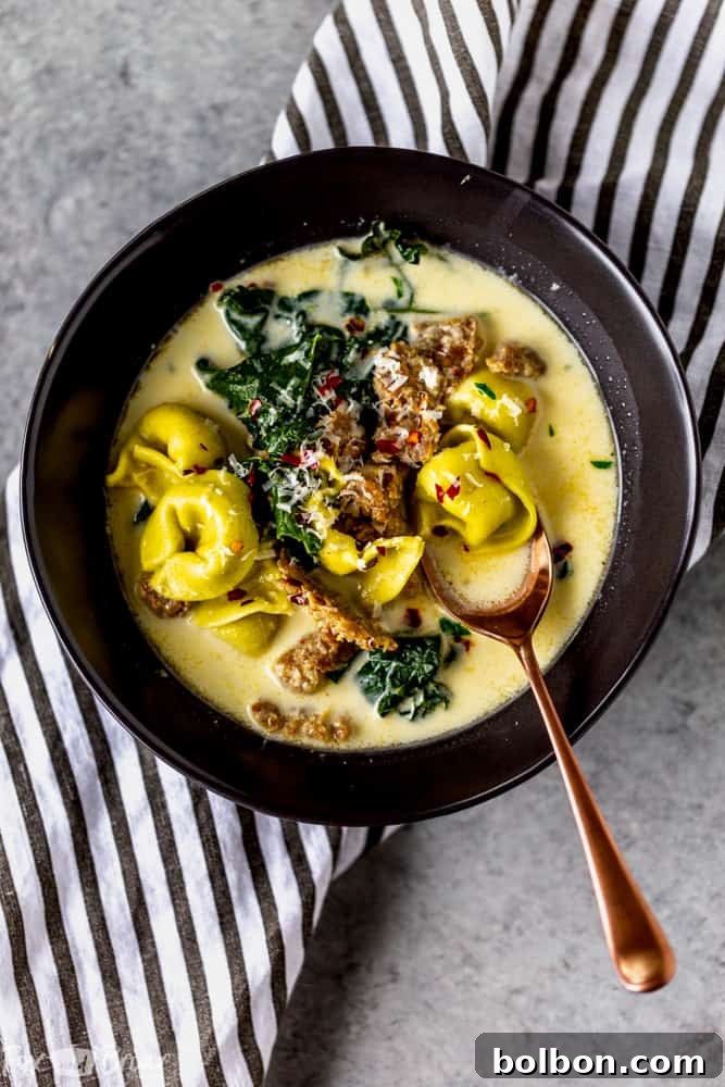 Effortless Creamy Sausage Tortellini Soup 5 A ladle serving a generous portion of creamy sausage and tortellini soup into a white bowl.