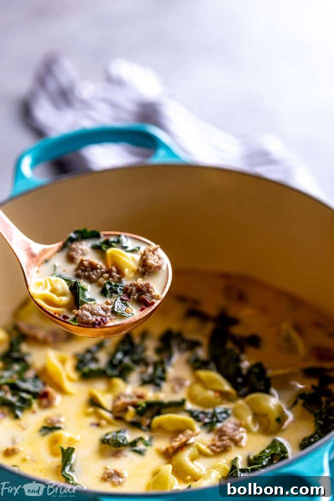 Effortless Creamy Sausage Tortellini Soup 7 A bowl of creamy sausage and tortellini soup, ready to be enjoyed, with a spoon nestled in the bowl.