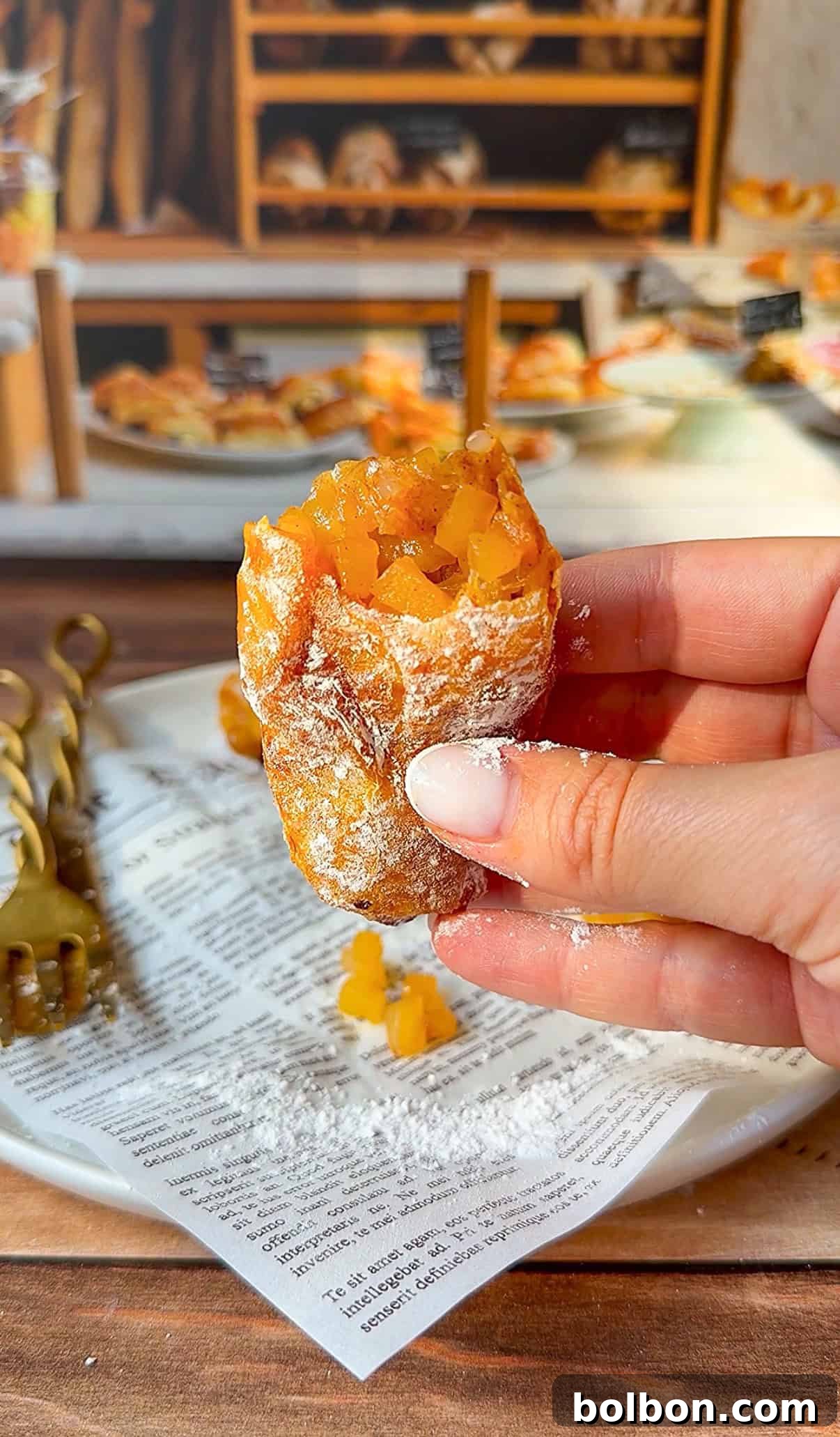 Lightened Up McDonalds Style Apple Pies 2 A hand holds a Healthy Copycat McDonald's Apple Pie filled with diced orange fruit, dusted with powdered sugar. The pastry sits on a white plate with newspaper print, surrounded by more fruit and sugar, with a bakery display in the background.