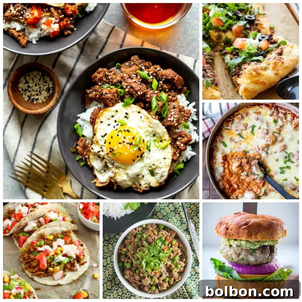 25 Fast and Easy Ground Beef Dinners 2 A vibrant collage of various quick and easy ground beef dinner recipes, showcasing dishes like tacos, pasta, stir-fries, and meatballs, perfect for weeknight meals.