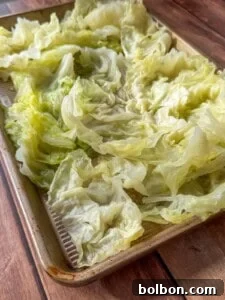 Layered Cabbage Comfort 5 A baking sheet covered with wilted, pale green cabbage leaves spread out in a single layer on a wooden surface.