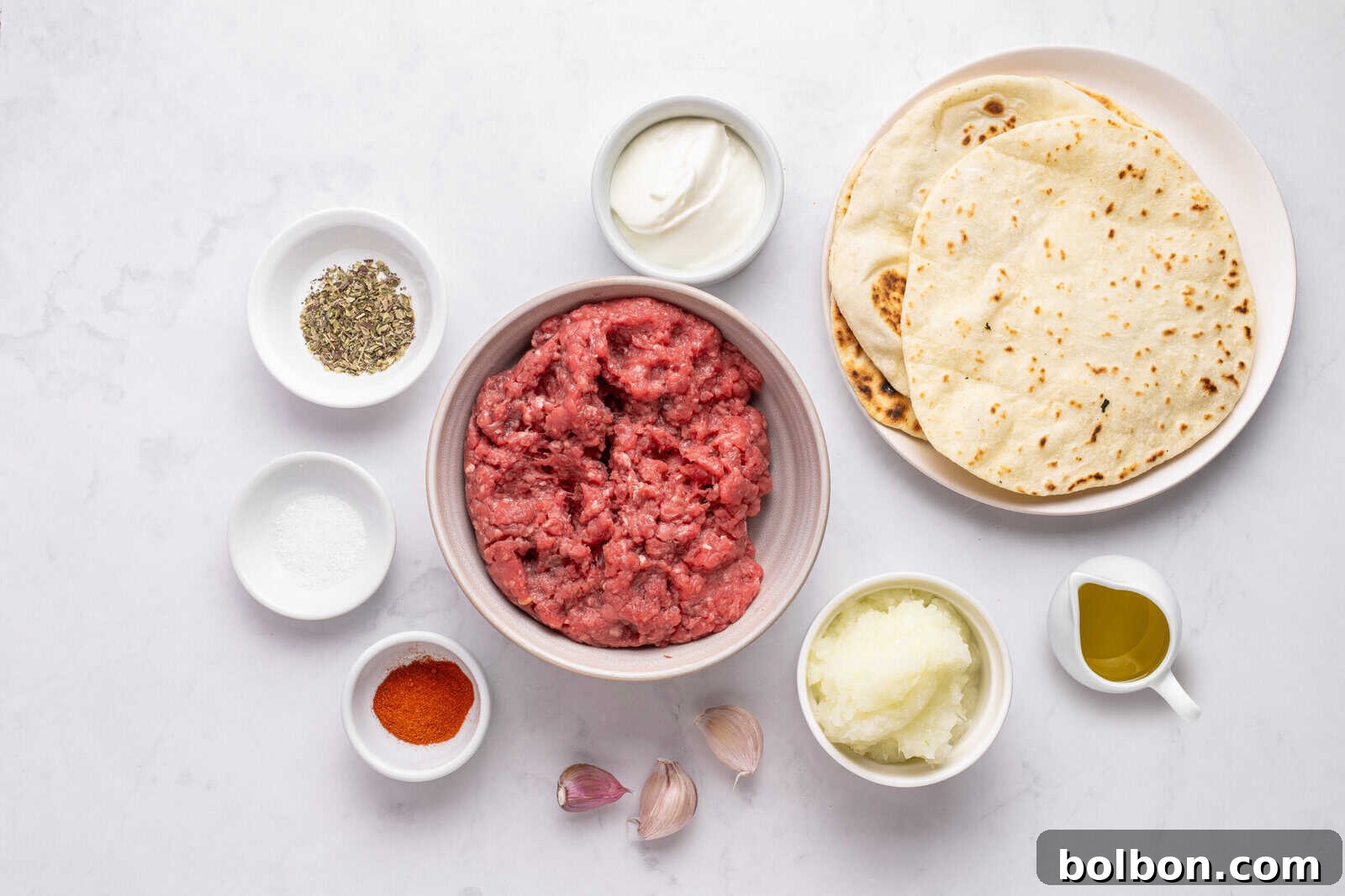 Ingredients for Homemade Doner Kebab including ground lamb, onion, garlic, and spices.