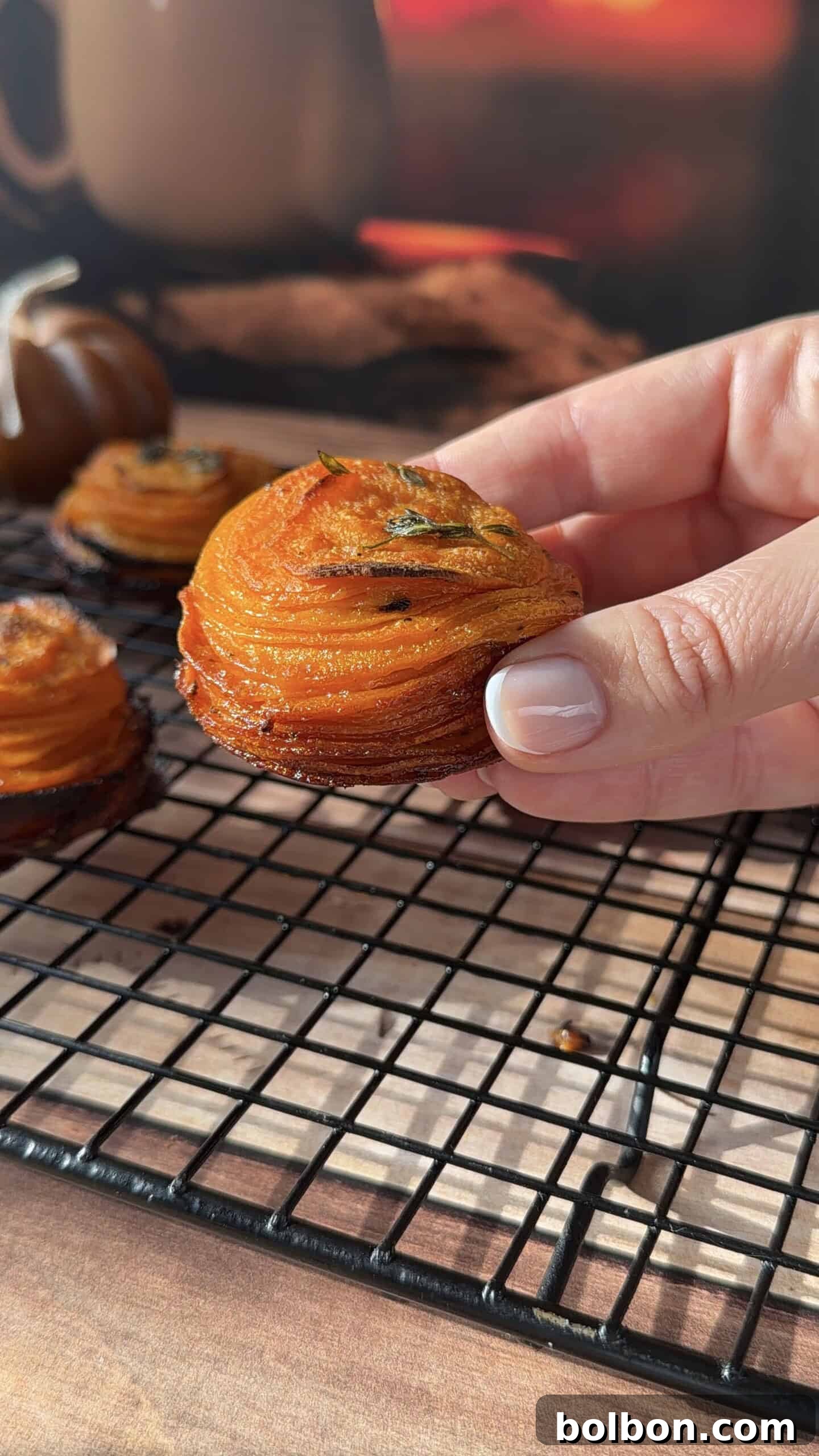 A hand holds a small, spiral-shaped Sweet Potato Stack on a cooling rack, with more stacks and a blurred background visible.