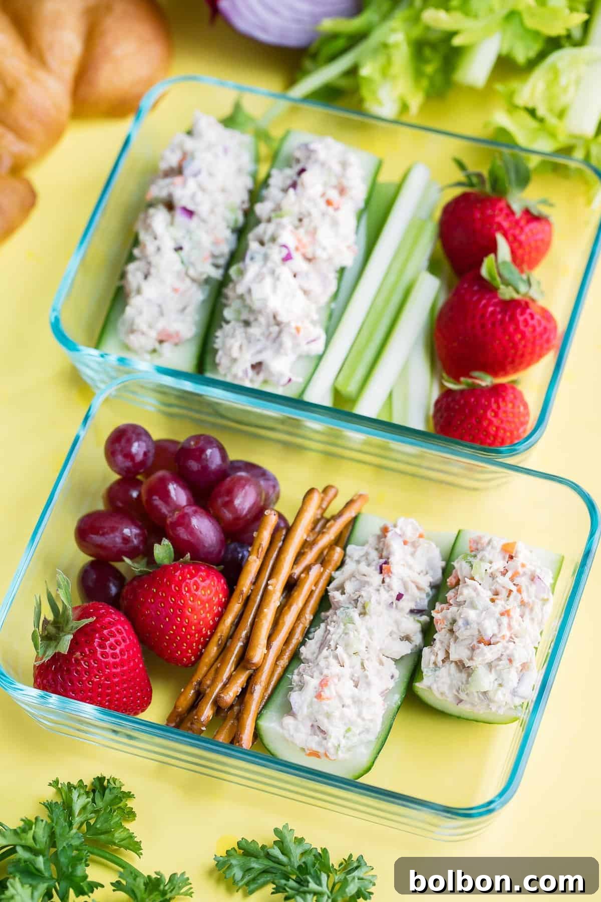 Creamy Greek Chicken Salad layered in a jar for meal prep