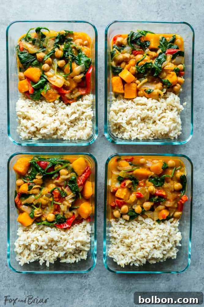 Hearty chickpea curry in a meal prep container with rice