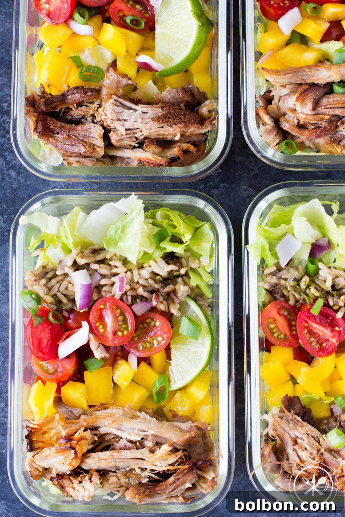 Carnitas burrito bowls with rice, beans, and fresh toppings