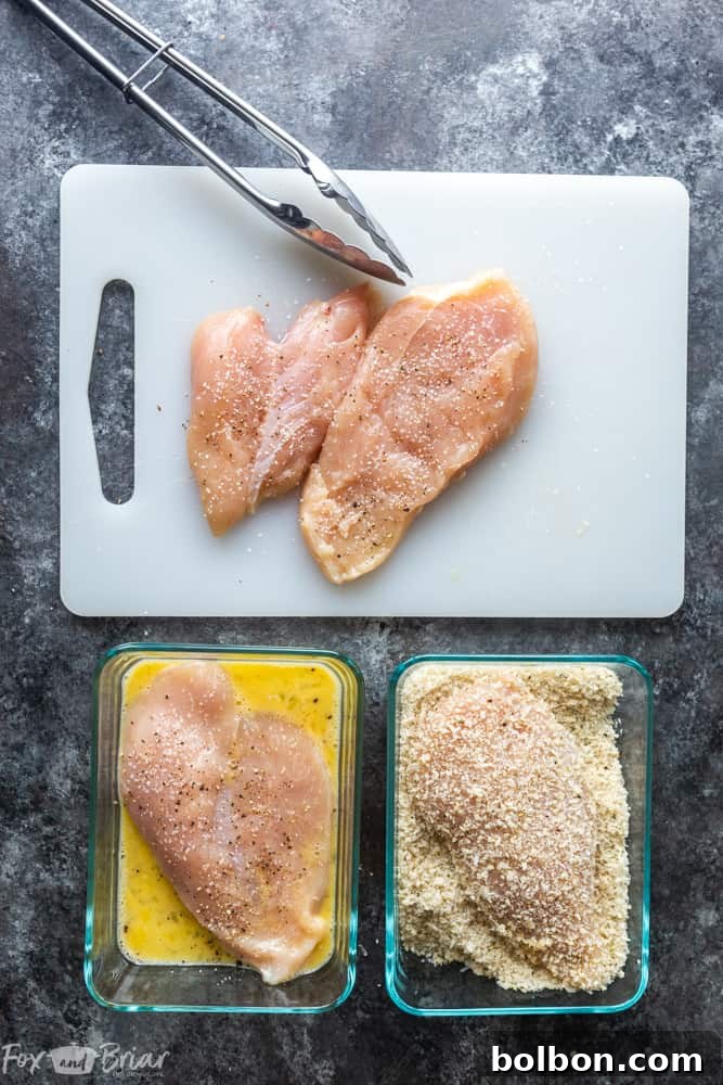 Detailed process of how to make Oven Baked Chicken Parmesan at home. From preparing chicken to coating it with panko and Parmesan, and baking instructions. Easy, healthy, and crispy Italian dinner recipe.