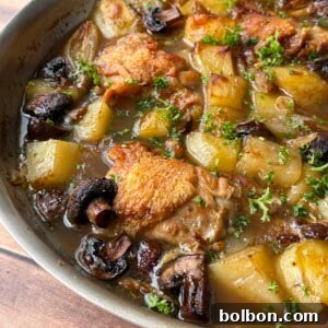 A skillet filled with golden-brown, crispy chicken thighs, potatoes, mushrooms, and fresh herbs in a savory broth, all cooked together and garnished with chopped parsley—a delicious crispy chicken thighs recipe.