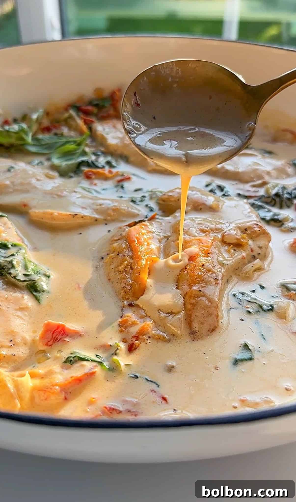 A bowl of creamy chicken dish with spinach and sun-dried tomatoes. A spoon drizzles sauce over the sliced chicken, highlighting the rich, savory texture. The dish is garnished with herbs and bathed in warm sunlight.