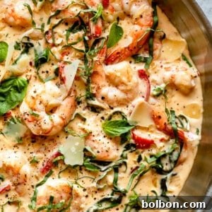 Final plating of Creamy Parmesan Basil Shrimp, ready to be enjoyed.