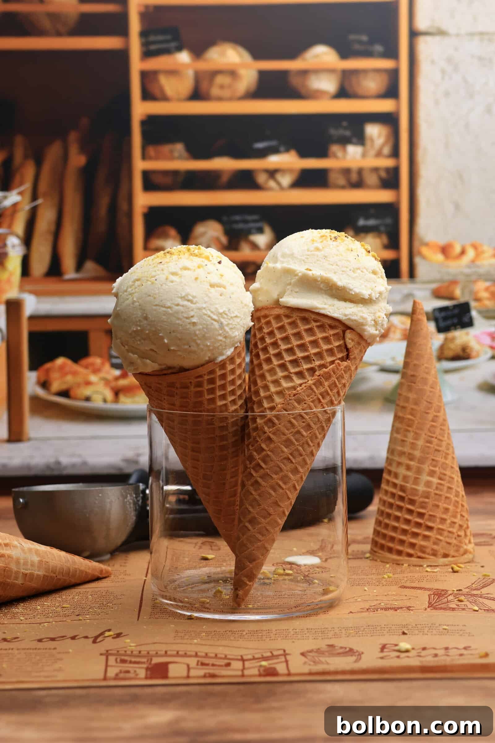 Frosted Cloud Concoction 2 Two waffle cones filled with scoops of Viral Snow Ice Cream stand upright in a glass jar. Another empty cone and a metal scoop rest on a wooden table, with bread and pastries displayed on shelves in the background.